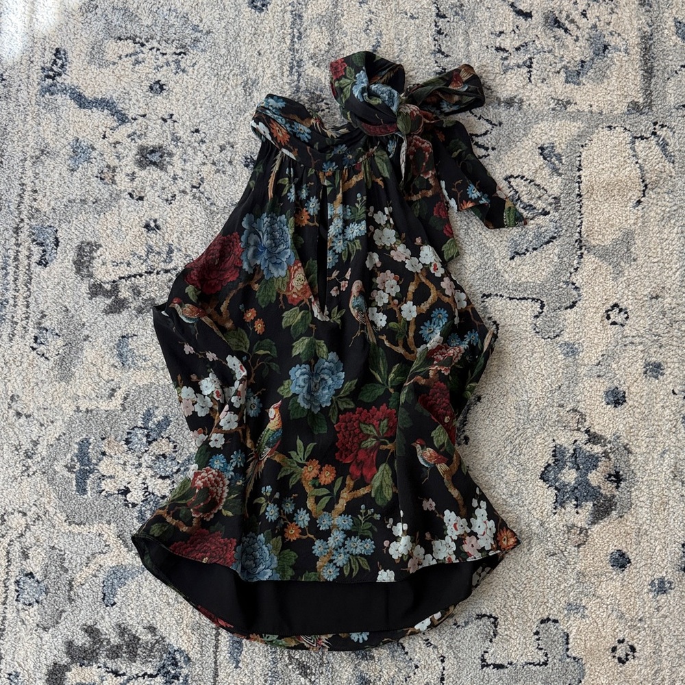 Alice + Olivia Black Floral Halter Silk Tank